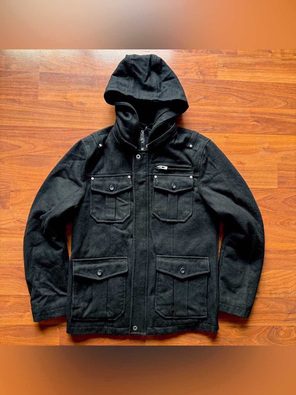 GUESS men's black hooded wool jacket Medium zip up mid length lined wool blend